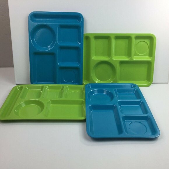 Vintage Blue & Green Melamine Cafeteria Trays Set Of 4 Divided Compartments BBQ - Picture 1 of 7